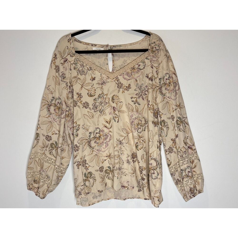 Women's Y2K Floral Lace Trim  Neutral Top Shirt Size 2XL Cottage Country - C40